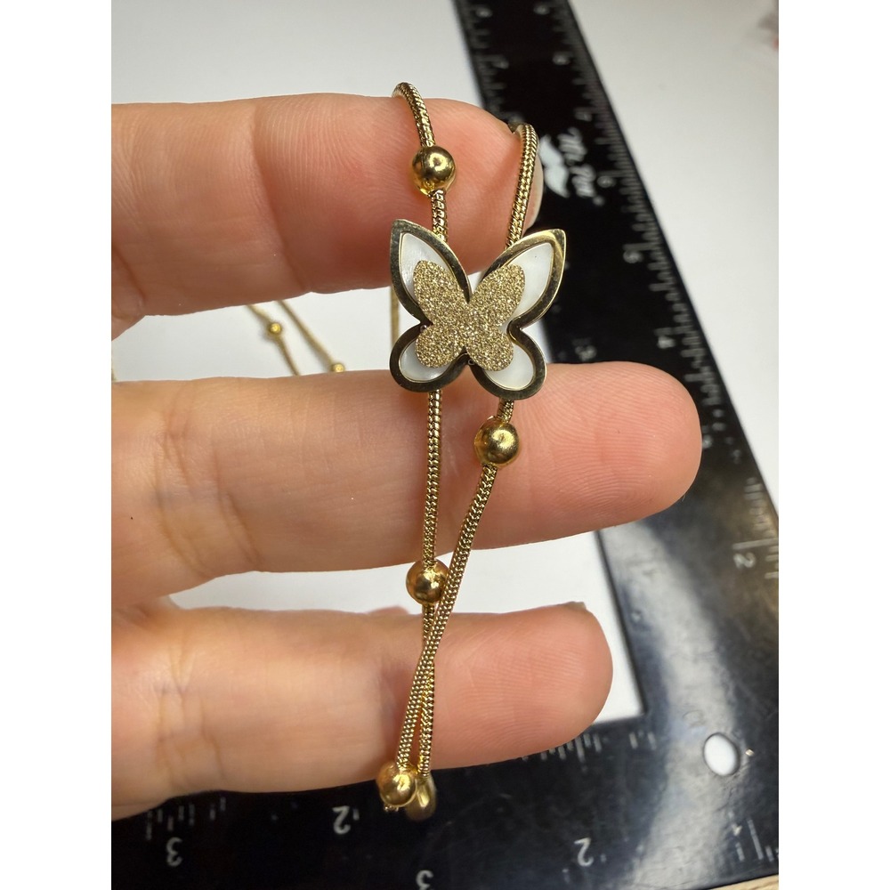 Gold Tone Butterfly Lariat Necklace Double Snake Chain Bead Accents 18 Inch